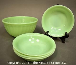 Group of Vintage Green Jadeite Glassware. Includes Fire King Swirl Mixing Bowl and Four Serving Bowls. 