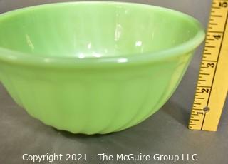 Group of Vintage Green Jadeite Glassware. Includes Fire King Swirl Mixing Bowl and Four Serving Bowls. 