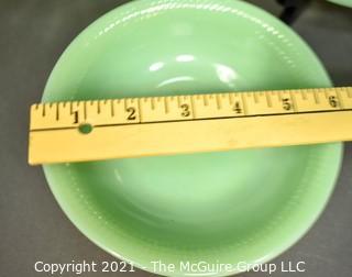 Group of Vintage Green Jadeite Glassware. Includes Fire King Swirl Mixing Bowl and Four Serving Bowls. 