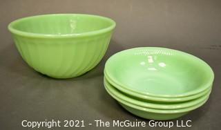 Group of Vintage Green Jadeite Glassware. Includes Fire King Swirl Mixing Bowl and Four Serving Bowls. 