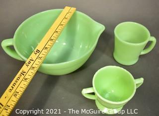 Three (3) Pieces of Vintage Green Jadeite Glassware.  Includes Fire King Mixing Bowl Pitcher With Handle and Mug and Mckee Laurel Double Handle Sugar Bowl.