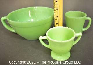 Three (3) Pieces of Vintage Green Jadeite Glassware.  Includes Fire King Mixing Bowl Pitcher With Handle and Mug and Mckee Laurel Double Handle Sugar Bowl.