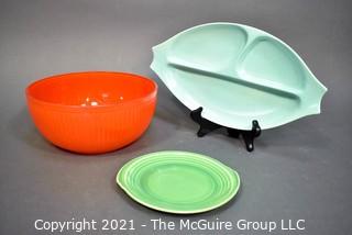 Mid Century Orange Glass Bowl, Aqua Blue Divided Pottery Tray, and Green Plate Made by  Edwin Knowles. 