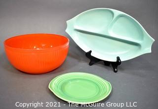 Mid Century Orange Glass Bowl, Aqua Blue Divided Pottery Tray, and Green Plate Made by  Edwin Knowles. 