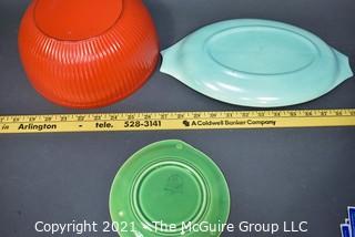 Mid Century Orange Glass Bowl, Aqua Blue Divided Pottery Tray, and Green Plate Made by  Edwin Knowles. 