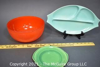 Mid Century Orange Glass Bowl, Aqua Blue Divided Pottery Tray, and Green Plate Made by  Edwin Knowles. 