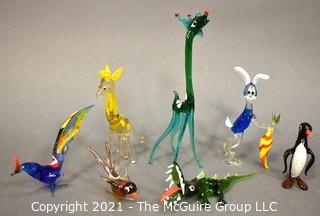 A Glass Menagerie of Hand Blown Animal Figurines, Including a Green Giraffe. 