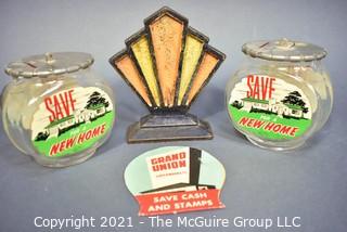 Four (4) Vintage Decorative items.  Includes Cast Iron Art Deco Fan Book End, Two (2) Glass Fish Bowls Save For A New Home   Piggy Bank & Grand Union Supermarket Savings Stamps. 