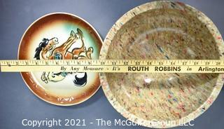 Vintage Texasware Confetti Melmac Mixing Bowl & Westward Ho Rodeo Pottery Dinner Plate.