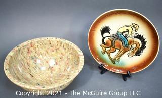 Vintage Texasware Confetti Melmac Mixing Bowl & Westward Ho Rodeo Pottery Dinner Plate.