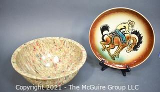 Vintage Texasware Confetti Melmac Mixing Bowl & Westward Ho Rodeo Pottery Dinner Plate.