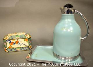 Vintage Tea Tin and Blue Chrome Painted Carafe Thermos with Matching Tray Made in Britian by Landers, Frary and Clark