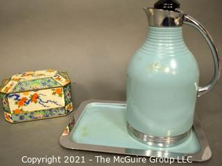 Vintage Tea Tin and Blue Chrome Painted Carafe Thermos with Matching Tray Made in Britian by Landers, Frary and Clark