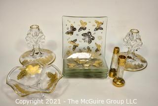 Group of Mid-Century Glass with Gold Decoration, Includes Hand Painted Gilt Salt & Pepper Shakers,  Candle Sticks, Fruit Bowl, and Six (6) Plates by Georges Briard.