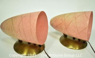 Pair of Vintage Mid Century Modern Pink Wall Mount Lamps with Fiberglass Cone or Bullet Shaped Shades.   Each measure 8" long.