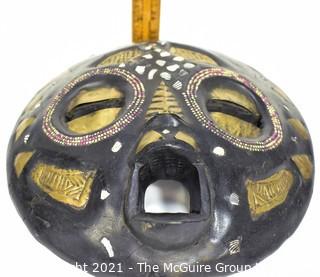 Round Wood Hand Carved & Painted Tribal Mask, Ethnographic. Measures 12" in diameter.