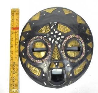 Round Wood Hand Carved & Painted Tribal Mask, Ethnographic. Measures 12" in diameter.