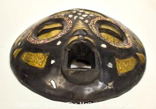 Round Wood Hand Carved & Painted Tribal Mask, Ethnographic. Measures 12" in diameter.