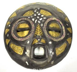 Round Wood Hand Carved & Painted Tribal Mask, Ethnographic. Measures 12" in diameter.