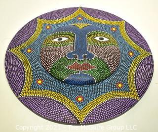 Round Wood Hand Carved & Dot Painted Indonesian Mask, Ethnographic. Measures 12" in diameter.