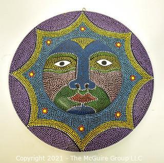 Round Wood Hand Carved & Dot Painted Indonesian Mask, Ethnographic. Measures 12" in diameter.