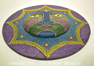 Round Wood Hand Carved & Dot Painted Indonesian Mask, Ethnographic. Measures 12" in diameter.