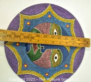 Round Wood Hand Carved & Dot Painted Indonesian Mask, Ethnographic. Measures 12" in diameter.