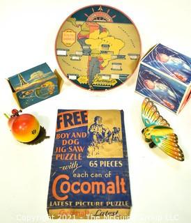 Group of Vintage Toys.  Includes Wooden Pear Savings Bank, Cocomalt Premium Giveaway Jigsaw Puzzle (Has not been completed), Charlomap Turn and Learn Game Cover and Two EMPTY Toy Boxes/