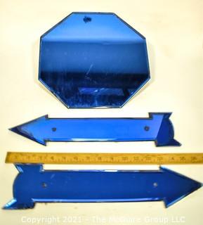 Vintage Mid Century Art Deco Cobalt Blue Octagonal Wall Mirror & Directional Arrows.  Measures 16" long.