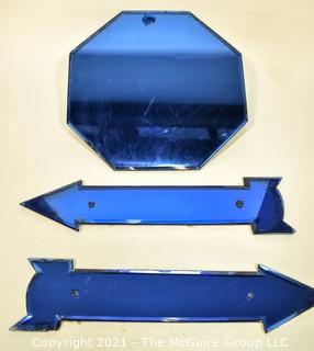 Vintage Mid Century Art Deco Cobalt Blue Octagonal Wall Mirror & Directional Arrows.  Measures 16" long.