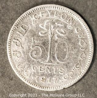 1917 50 Cent Sri Lanka Ceylon Silver George V Coin.  