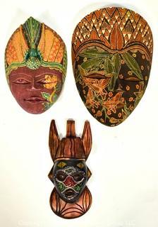 Three (3) Wood Hand Carved & Painted Asian Masks, Ethnographic. 