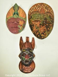 Three (3) Wood Hand Carved & Painted Asian Masks, Ethnographic. 