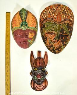 Three (3) Wood Hand Carved & Painted Asian Masks, Ethnographic. 