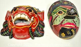 Two (2) Wood Hand Carved & Painted Asian Face Masks, Ethnographic.  Including Dragon Mask. 