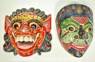 Two (2) Wood Hand Carved & Painted Asian Face Masks, Ethnographic.  Including Dragon Mask. 