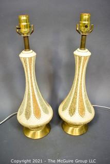 Pair of Mid Century Modern Ceramic Table Lamps in Textured Lotus Pattern.  Each measure 6" in diameter and 19" tall, excluding bulb.