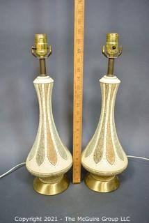 Pair of Mid Century Modern Ceramic Table Lamps in Textured Lotus Pattern.  Each measure 6" in diameter and 19" tall, excluding bulb.