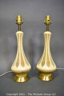 Pair of Mid Century Modern Ceramic Table Lamps in Textured Lotus Pattern.  Each measure 6" in diameter and 19" tall, excluding bulb.