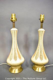 Pair of Mid Century Modern Ceramic Table Lamps in Textured Lotus Pattern.  Each measure 6" in diameter and 19" tall, excluding bulb.