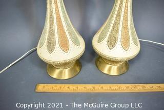 Pair of Mid Century Modern Ceramic Table Lamps in Textured Lotus Pattern.  Each measure 6" in diameter and 19" tall, excluding bulb.