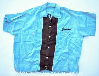 Vintage Men's Blue and Black Embroidered Button-Front Bowling or Car Hop Shirt From The Circle 1 Restaurant Personalized for James.  Tag reads L, 16 - 16 1/2.