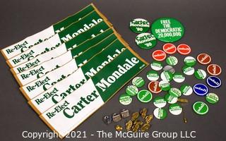 Collection of Presidential Political Buttons, Pin Backs and Bumper Stickers for Carter and Mondale and Udall. 