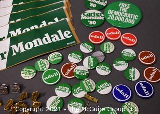 Collection of Presidential Political Buttons, Pin Backs and Bumper Stickers for Carter and Mondale and Udall. 