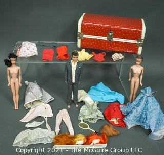 Collection of Vintage Dolls, Clothing and Accessories in Case.  Includes Doll Clothes by Mattel Barbie. 