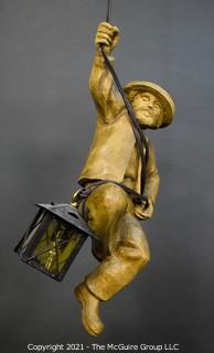 Vintage Hand Carved Wooden Hanging Miner Man Lamp.  Miner Measures 15" long.  