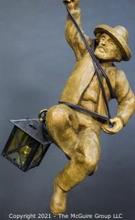 Vintage Hand Carved Wooden Hanging Miner Man Lamp.  Miner Measures 15" long.  