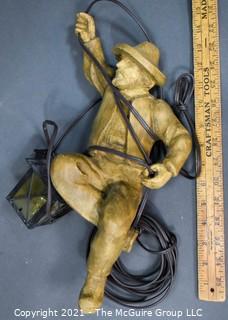 Vintage Hand Carved Wooden Hanging Miner Man Lamp.  Miner Measures 15" long.  