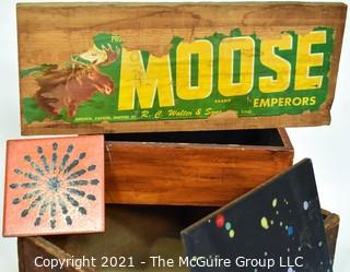 Vintage Ceramics Tiles, 2 Antique Wooden Boxes and Moose Brand Food Crate Label on Plank.