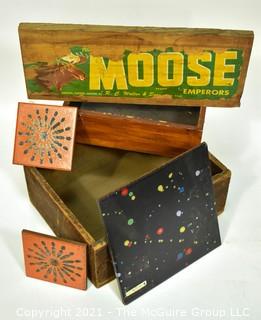 Vintage Ceramics Tiles, 2 Antique Wooden Boxes and Moose Brand Food Crate Label on Plank.